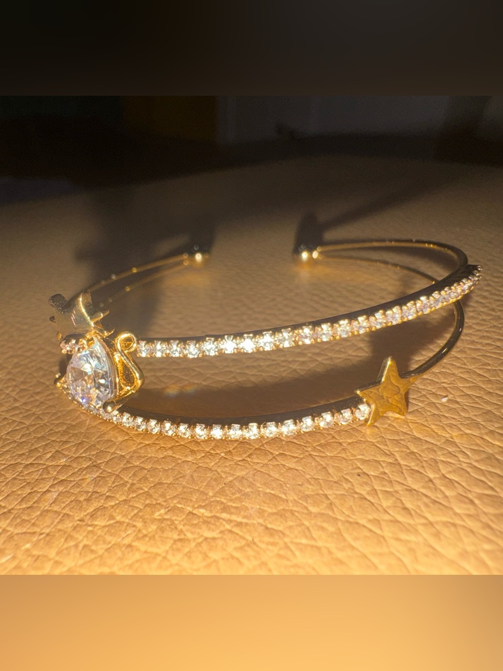 Kids Gold Star and Cat Crystal Cuff Bracelet - Sparkling Gold Tone